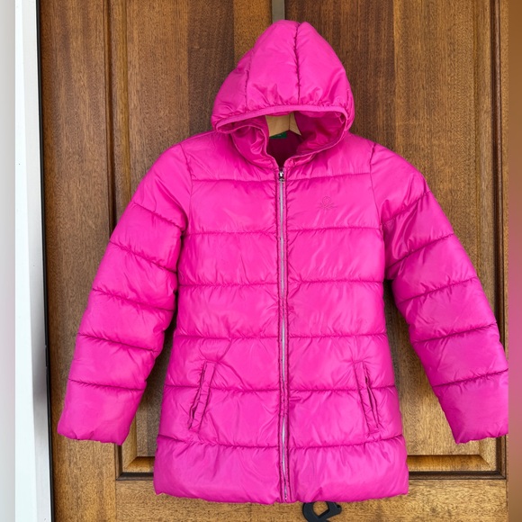 Girls United Colors of Benetton Hot Pink Hooded Puffer Long Jacket 14